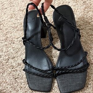 Marc Fisher Black Braided-Strap Square Toe Block Heel Sandals